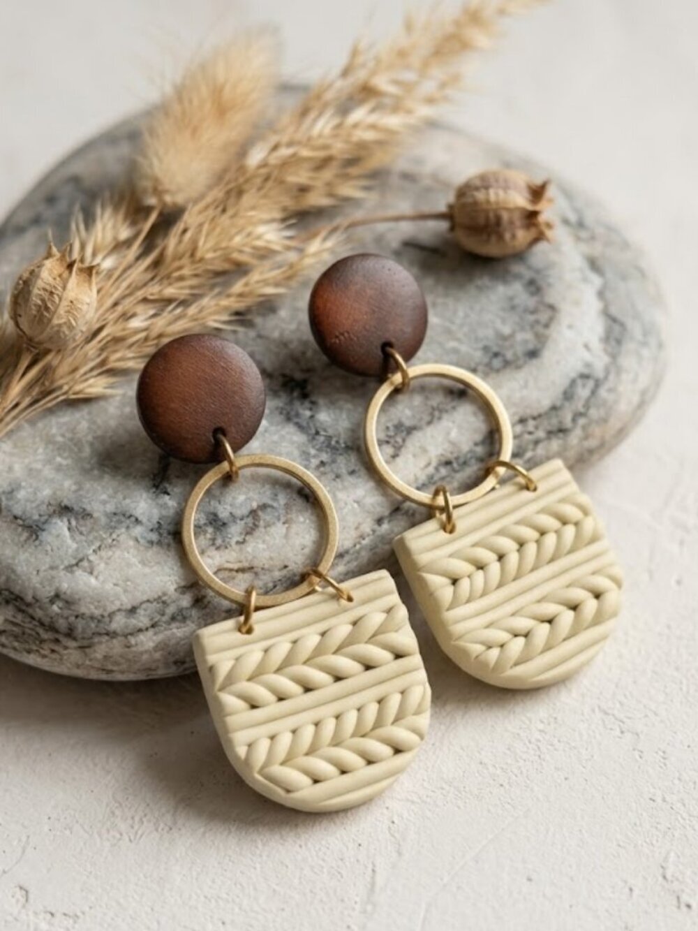 Cream Clay Wood Boho Statement Dangle Earrings Gold Accent Naturecore 2.5"